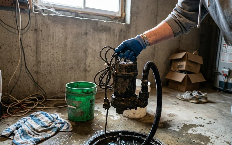 Dead sump pump lifted out of a flooded pit in a 1970s bungalow basement during an April storm