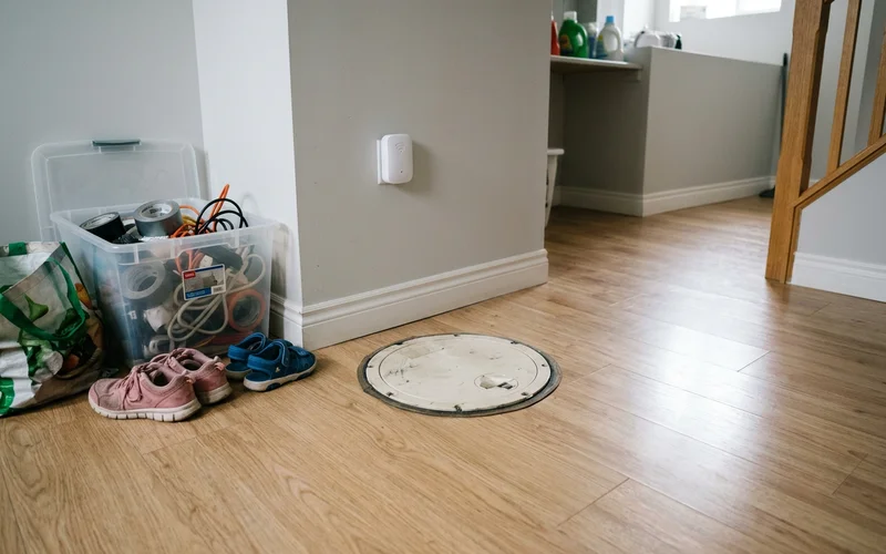 Flush sealed low-profile sump lid in a finished basement floor with a WiFi alarm on the wall