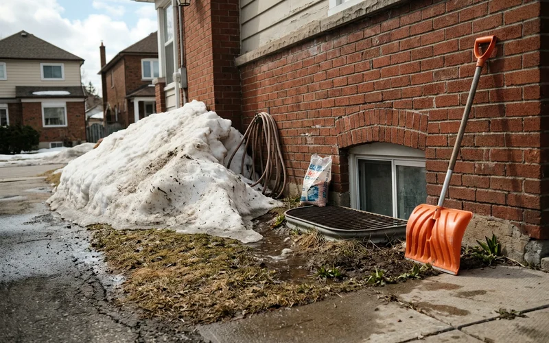 Melting snowbank against a Toronto foundation with meltwater running toward a basement window well