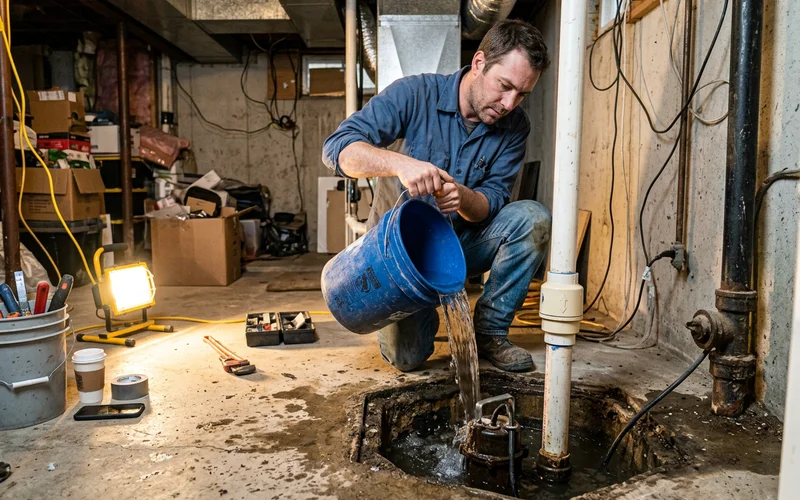 Plumber running a fall flow test on a cast iron sump pump and checking the check valve