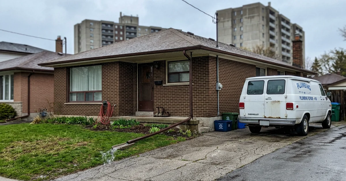 1970s brick bungalow in Thorncliffe Park on a wet spring afternoon with a plumbing van in the driveway