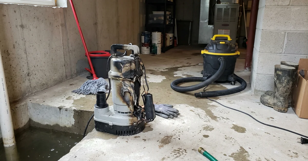 Burned-out plastic sump pump pulled from a flooded Toronto basement pit after a long storm