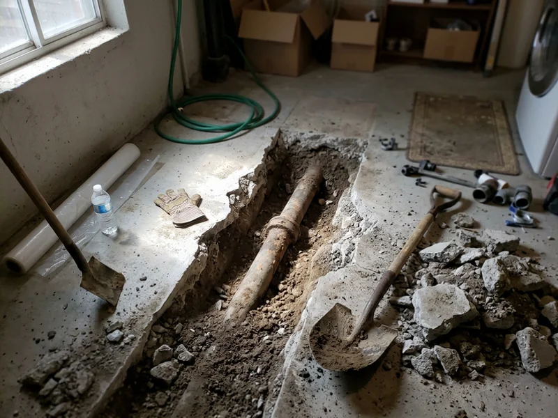 Trench exposing the building drain before the backwater valve goes in