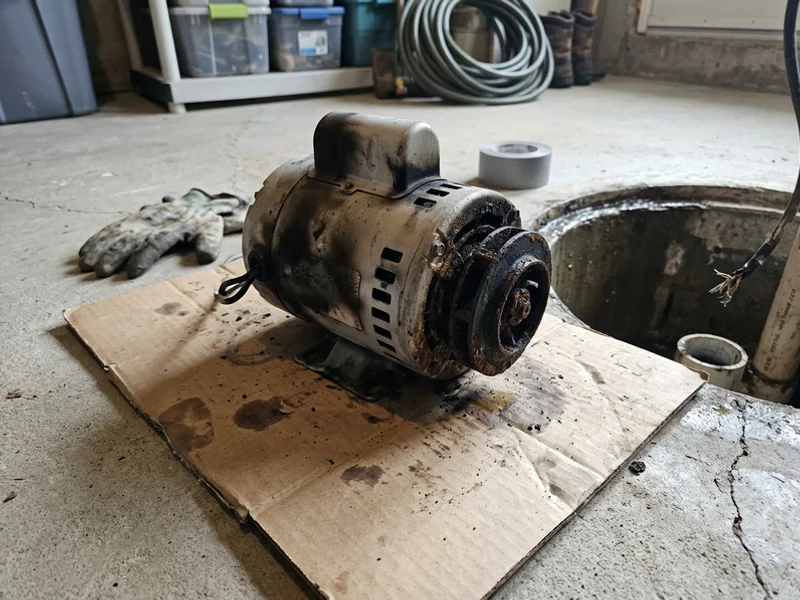 Burned-out pump with a seized impeller removed from the pit
