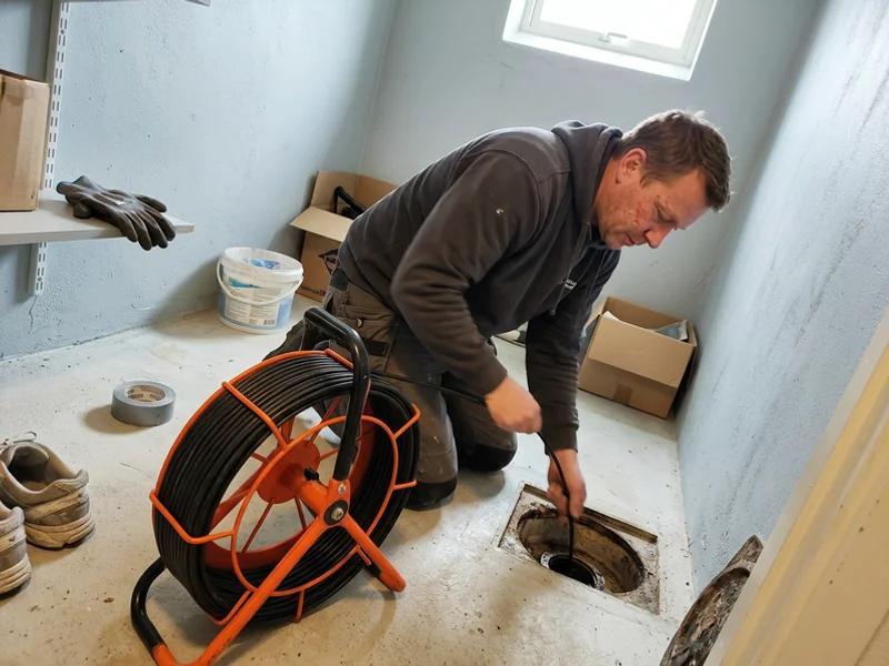 Camera scope fed into a floor drain cleanout to locate the weeping tile tie-in