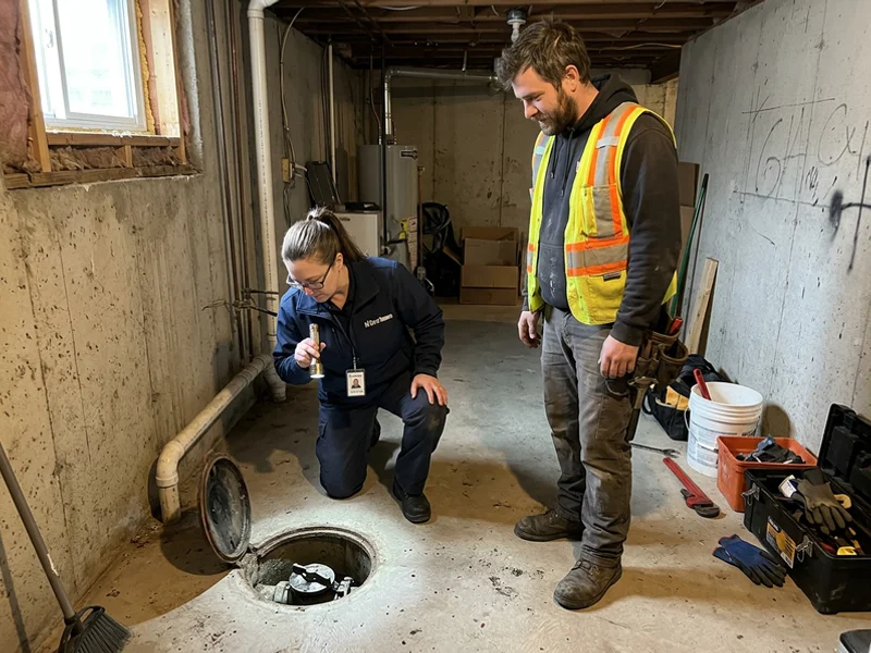 City inspector checking the backwater valve through the clear access sleeve