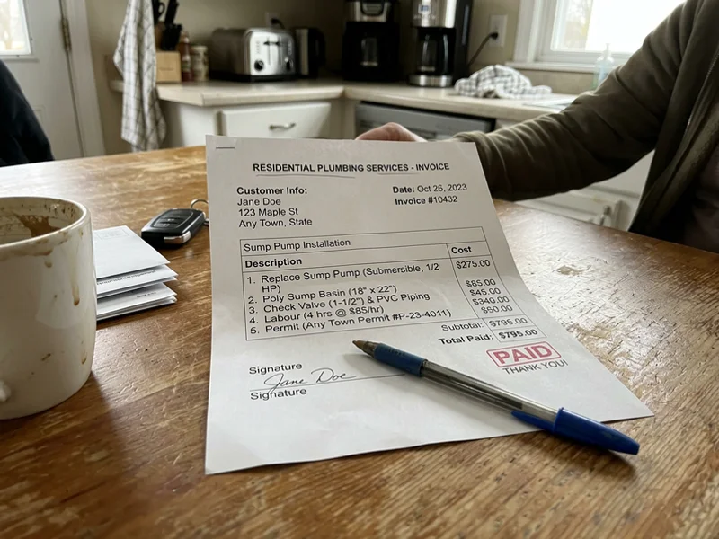 Itemized paid invoice listing sump parts, labour and the permit number