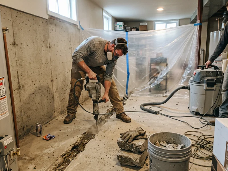 Crew breaking out a narrow strip of slab along the footing with dust control