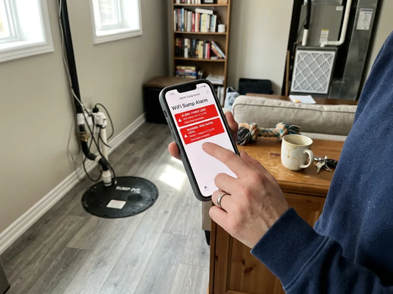 WiFi sump alarm app on a phone showing power-loss and high-water alerts