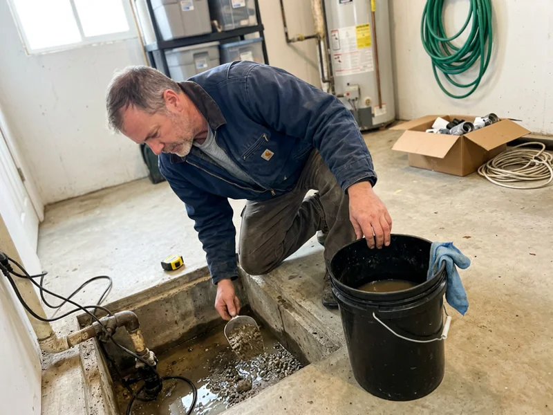 Clearing silt from the bottom of the basin before the new pump goes in