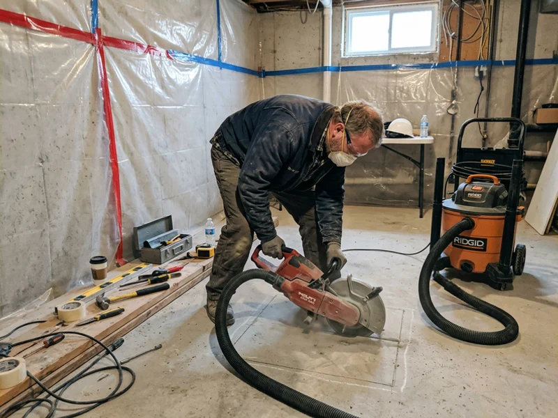 Slab cut under a dust shroud with plastic sheeting protecting the basement