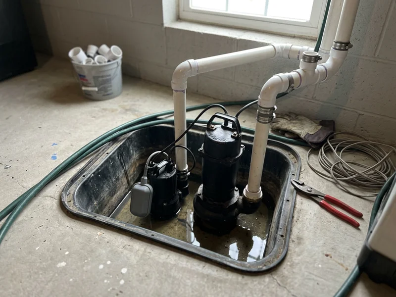 Primary cast iron pump and DC backup pump with separate float in one basin