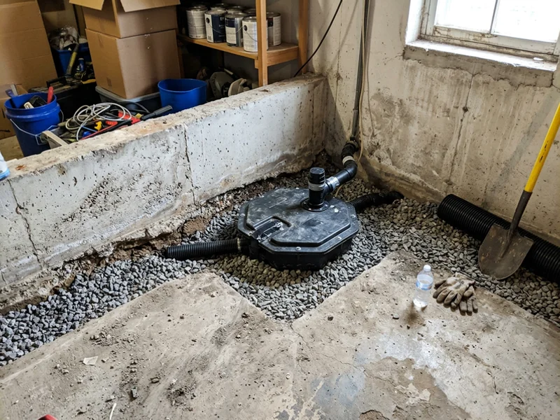 Sealed sump pit at the low corner receiving the perimeter drain loop