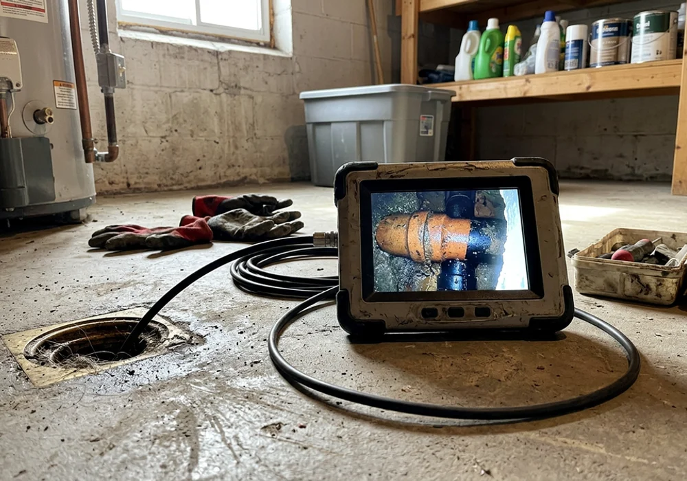 Camera scope showing clay weeping tile tied to the sanitary line in a Scarborough basement