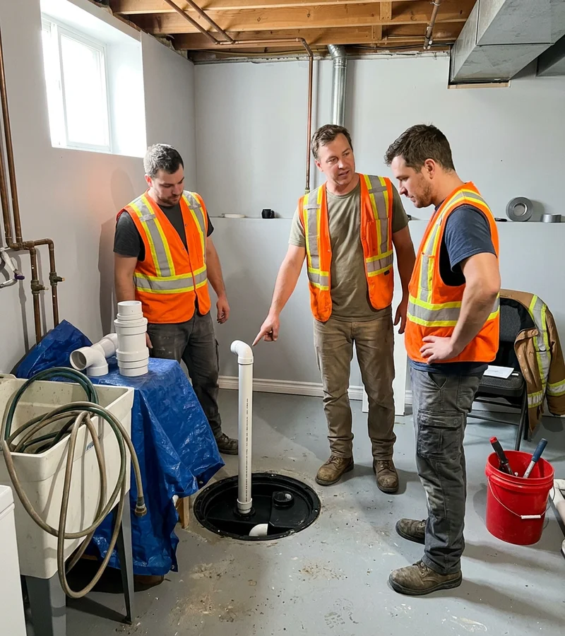 The Sump Pump Toronto Crew beside a freshly installed sealed sump basin