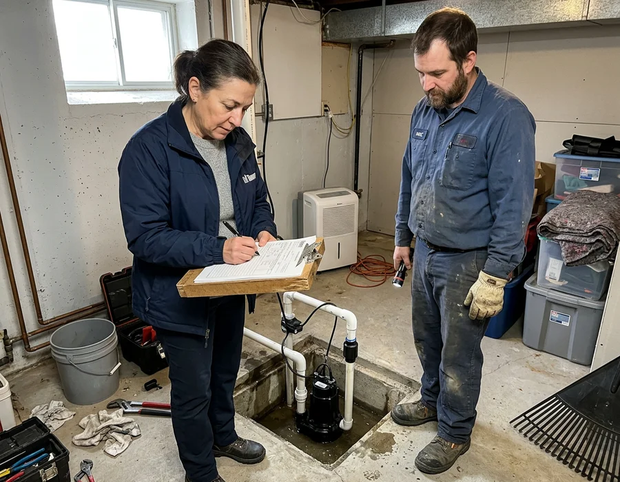 City inspector and plumber signing off a new sump pump install
