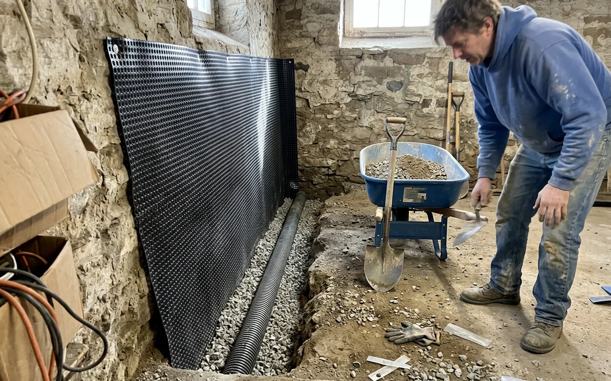 Dimple membrane vapour barrier against the foundation wall above the new perimeter drain trench