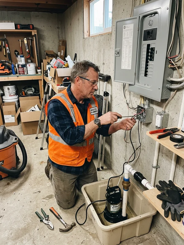 Licensed plumber wiring a dedicated GFCI circuit for a new sump pump