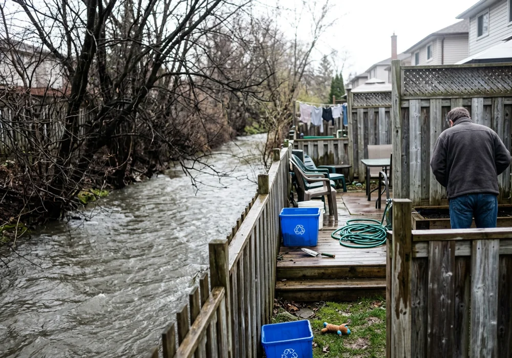 Mimico Creek running high after spring rain beside Etobicoke backyards
