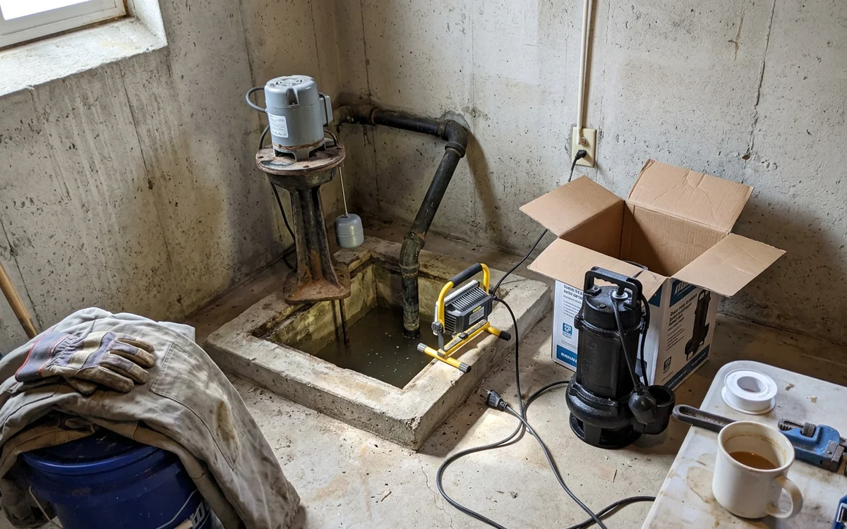 Old pedestal pump beside a new cast iron submersible before a pedestal-to-submersible upgrade
