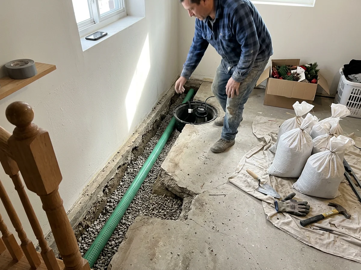 Interior perimeter trench with perforated PVC drain tile on washed stone leading to a new sump pit