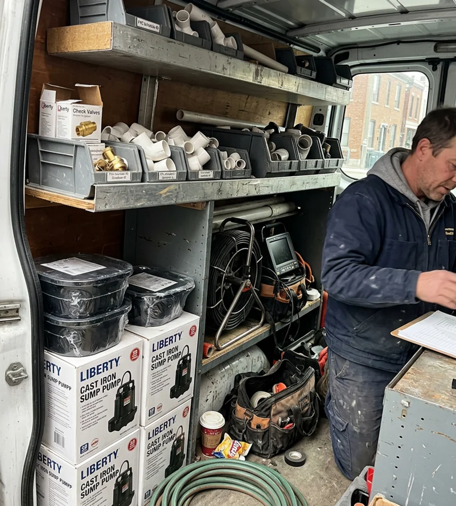 Work van stocked with cast iron pumps, sealed basins, check valves and a drain camera