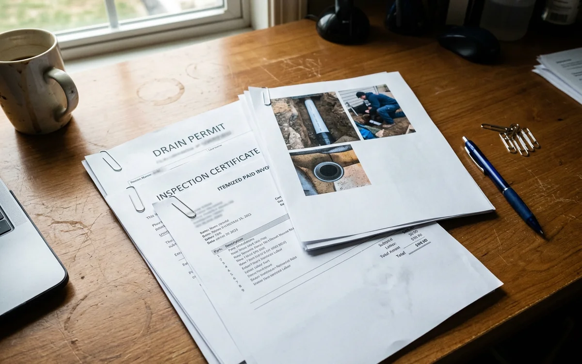 Subsidy packet with drain permit number, inspection certificate, itemized paid invoice and install photos