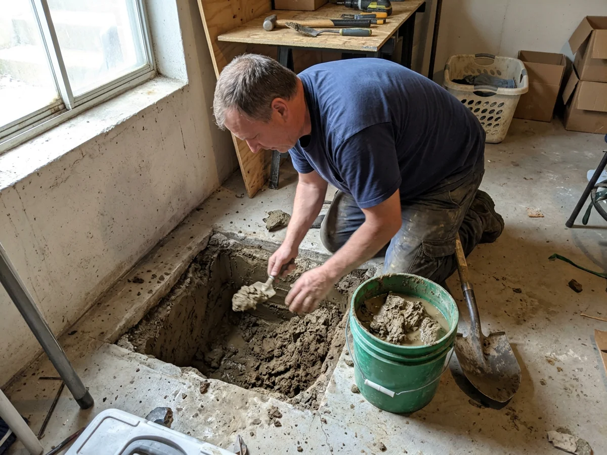 Plumber digging a sump pit through heavy clay under the slab of a 1970s Scarborough bungalow