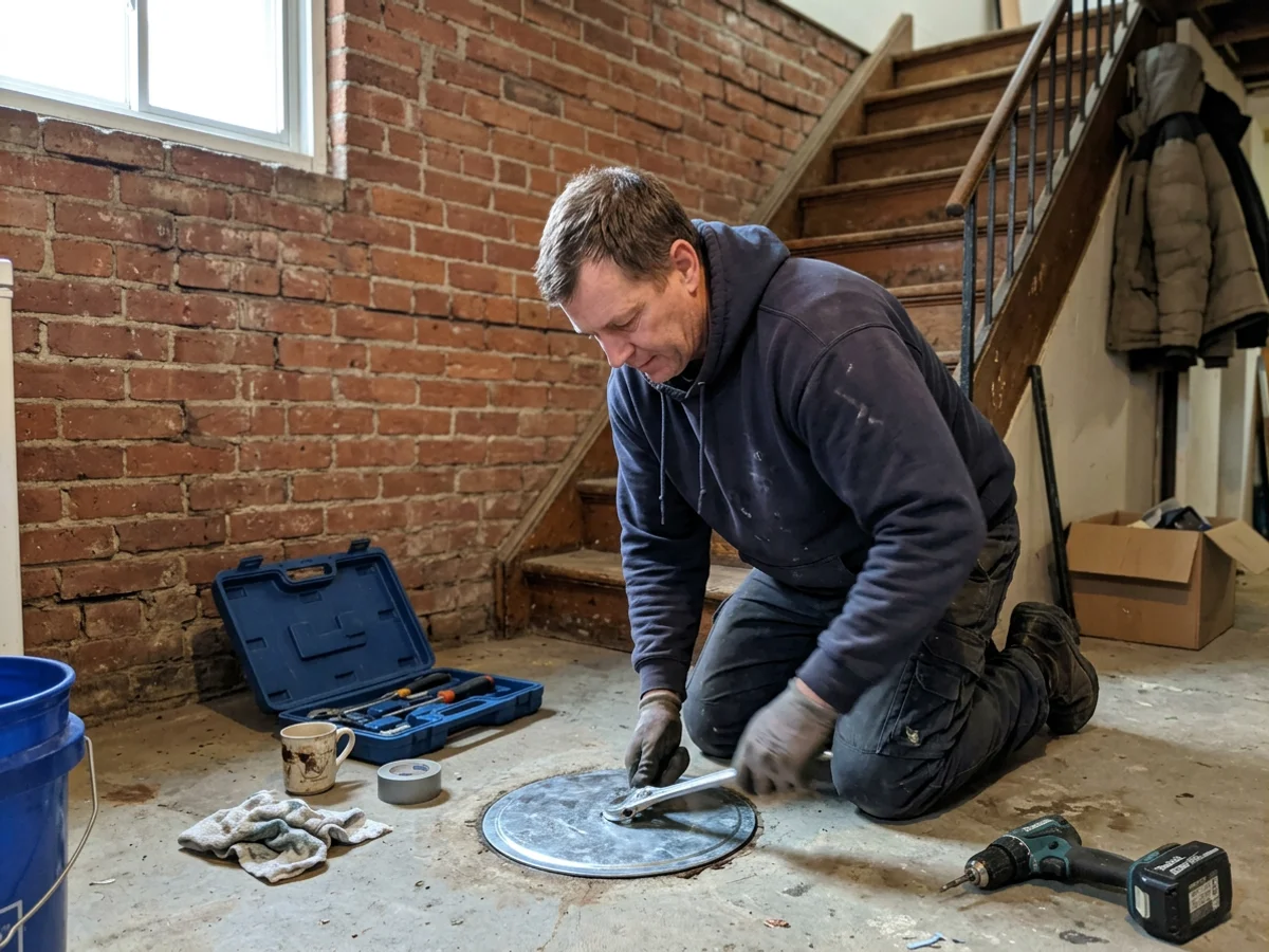 Plumber fitting a flush sealed sump lid in the finished basement of a Riverdale century semi