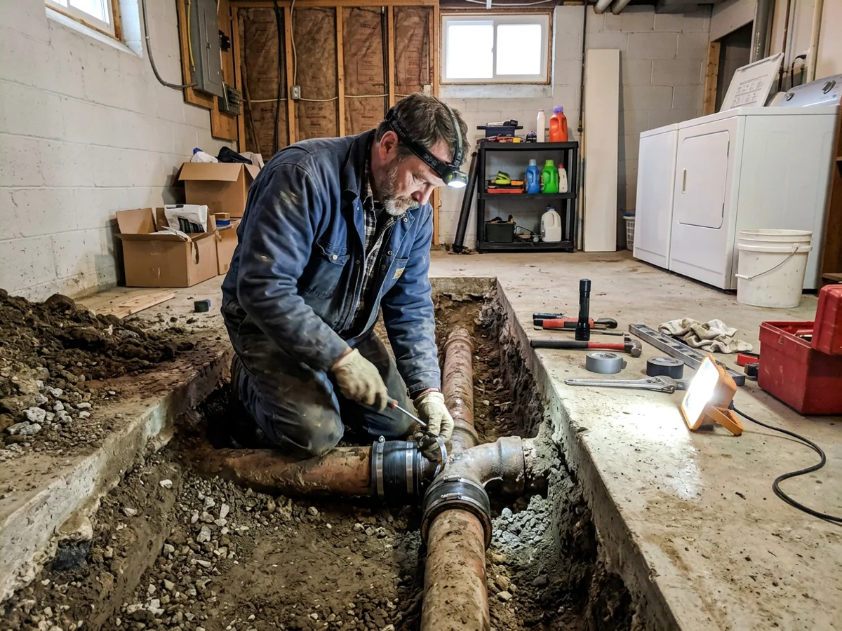 Plumber capping an old clay weeping tile connection at the sanitary drain in a basement trench