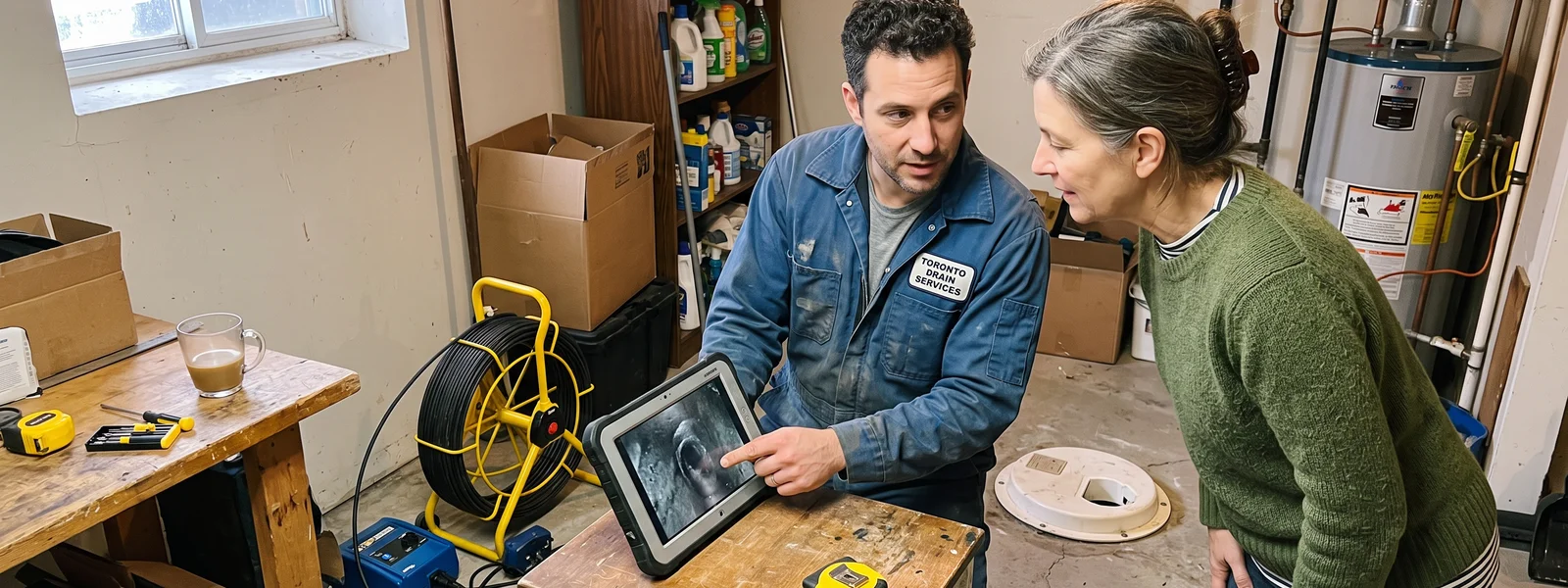Plumber showing a homeowner camera scope footage during a free assessment