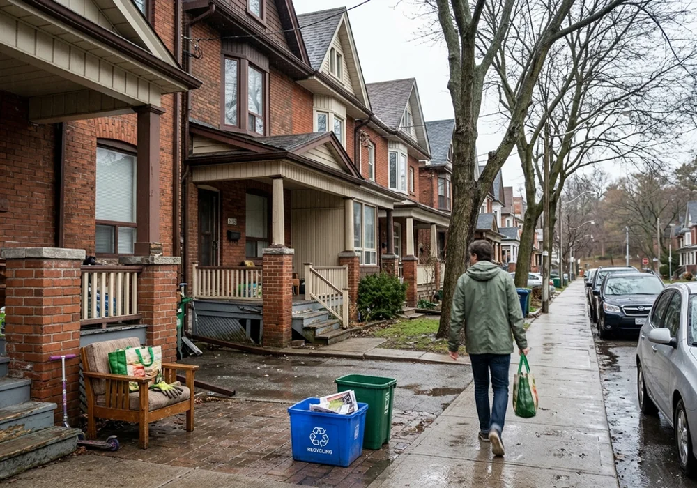Victorian and Edwardian brick houses and a duplex near High Park on a wet day