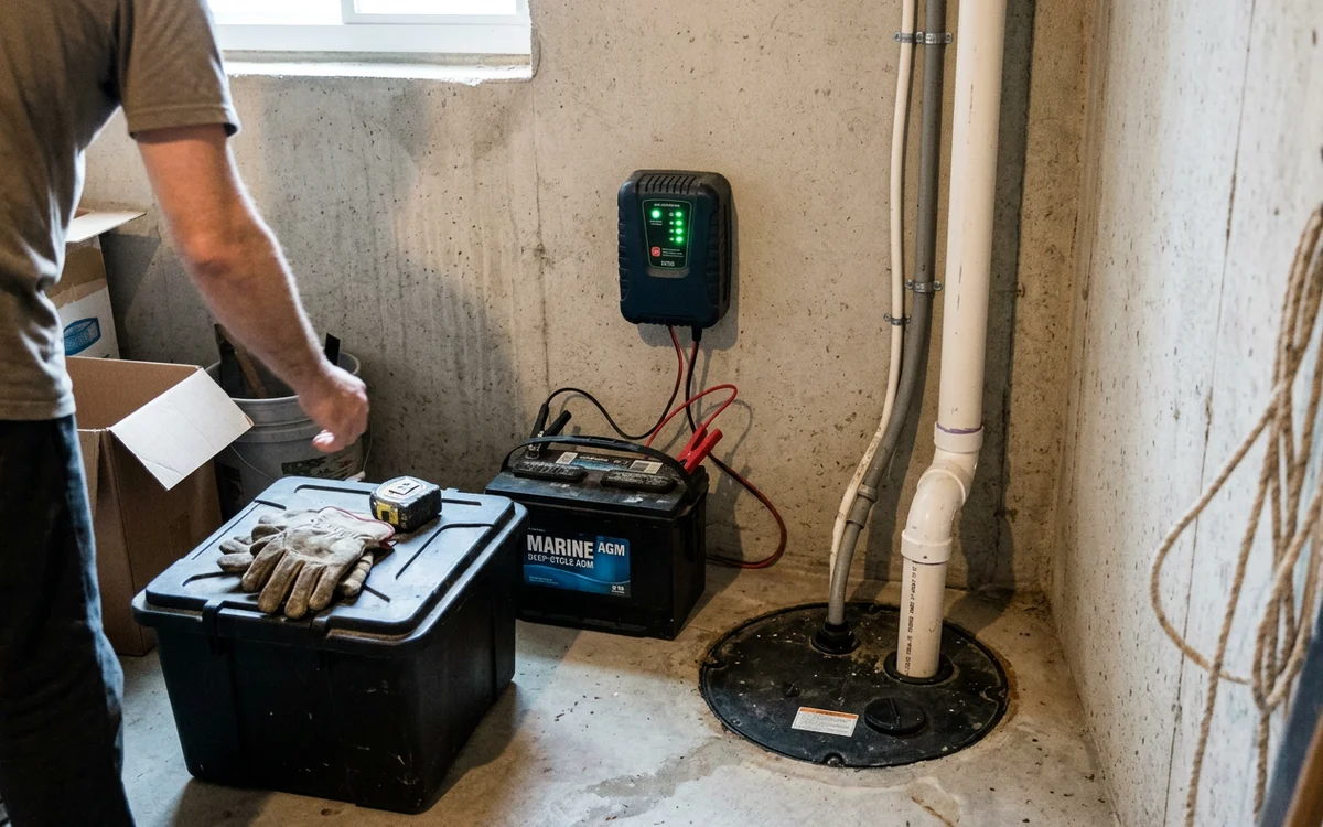 Smart charger with status lights above a marine deep-cycle AGM battery case next to the sump