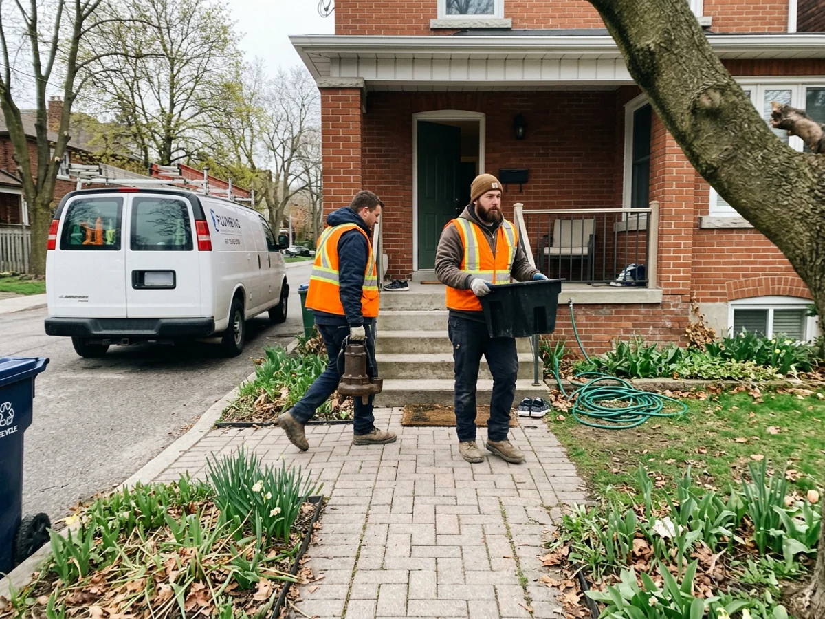The crew carrying a sump basin and cast iron pump into a Toronto home