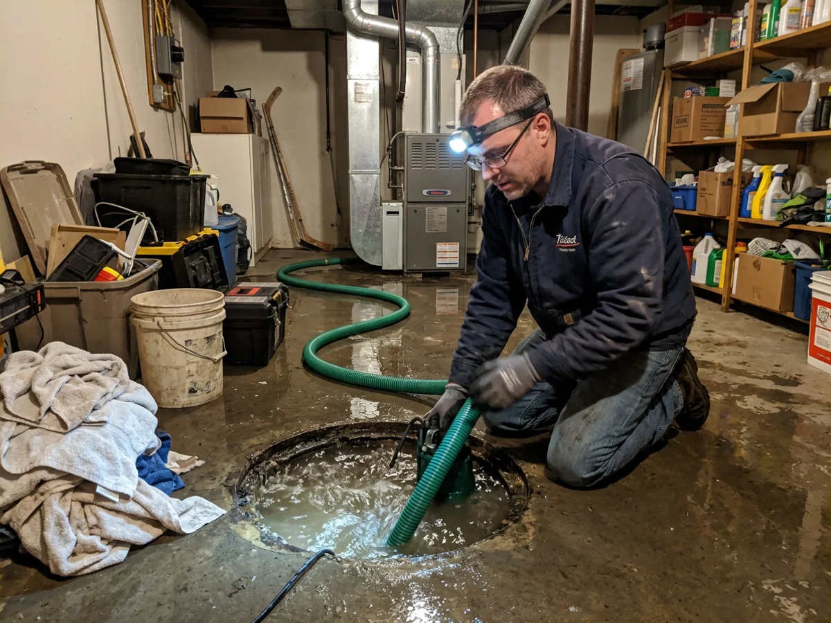 Technician with a headlamp working at an overflowing sump pit at night during a storm