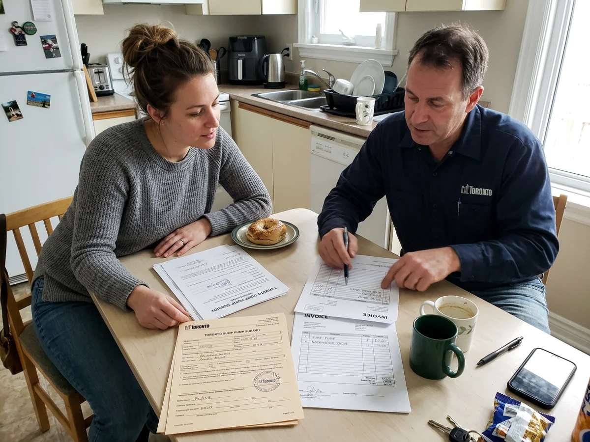 Homeowner and plumber reviewing a drain permit, inspection certificate and itemized invoice at a kitchen table