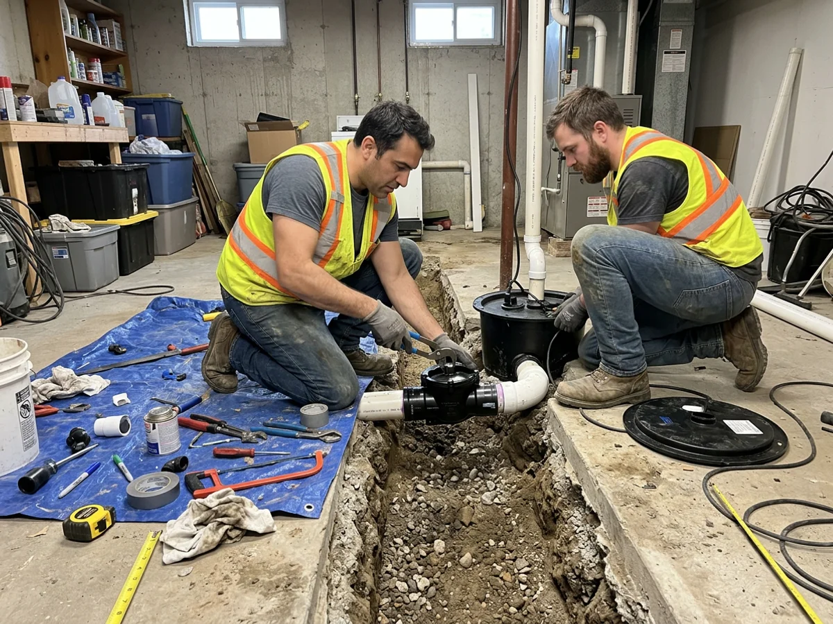 Plumbers installing a mainline backwater valve in an open floor trench beside a sealed sump basin