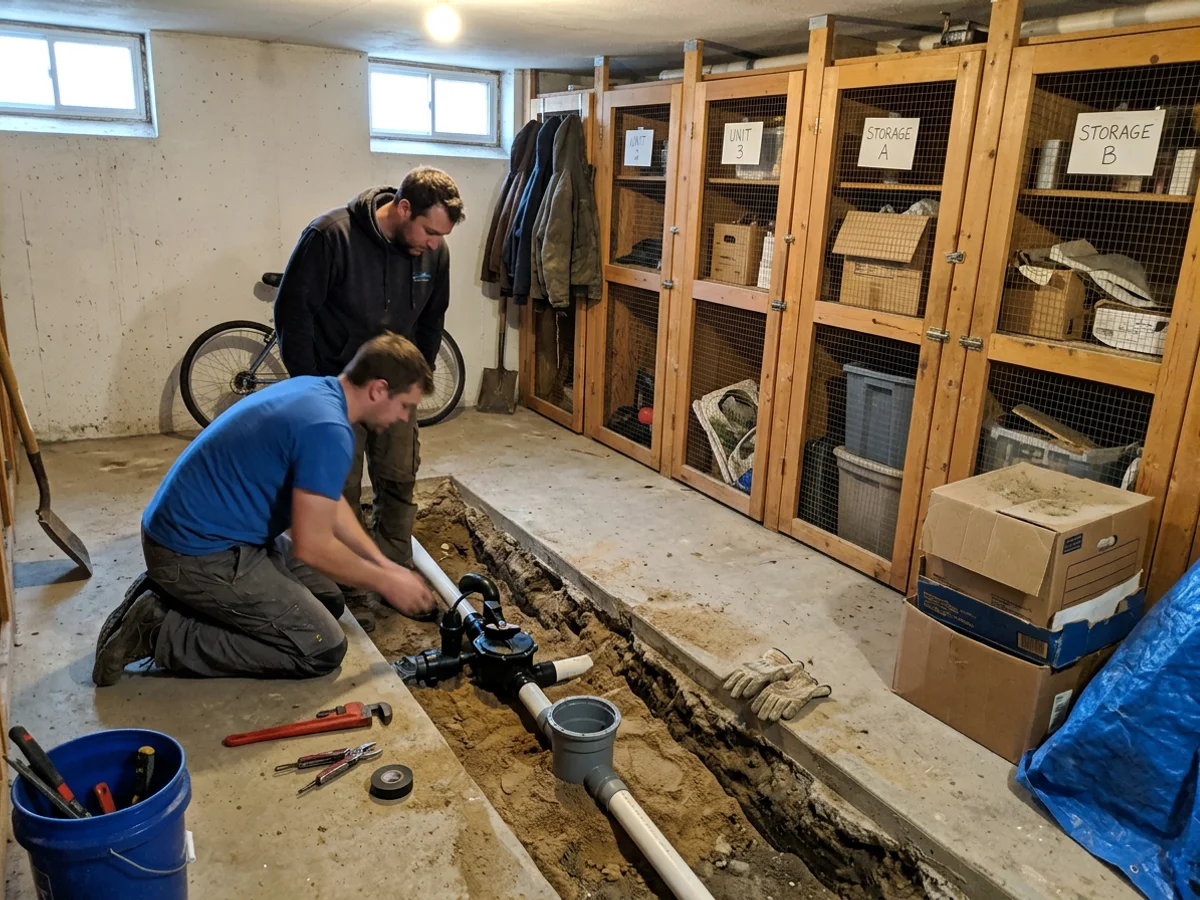 Plumbers installing a backwater valve and mainline sump in the shared basement of a west-end fourplex